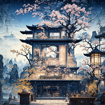 风景插画 山水画 亮系 唯美 山 水 花 建筑